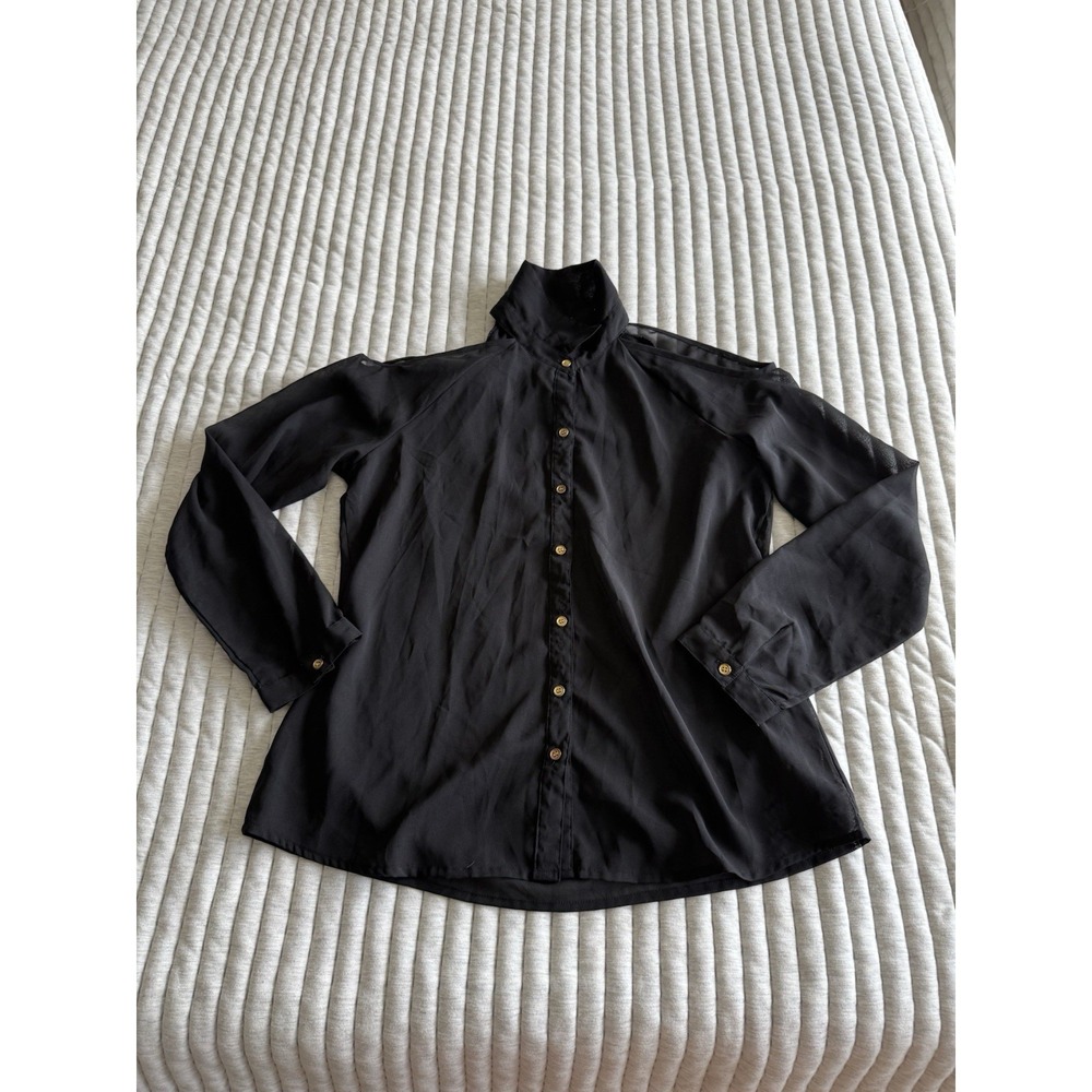 Dizzy Lizzy Sheer Open Shoulders Longsleeve Black Womans Button Up Shirt Size L